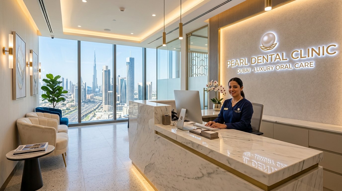 Luxury dental clinic reception in Dubai with Burj Khalifa view - Dental Clinic SEO Services Dubai