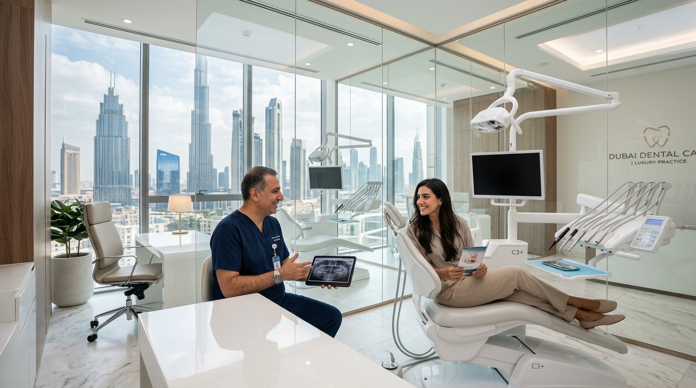 Modern dental clinic in Dubai with Burj Khalifa skyline view - SEO and Google ranking for dentists Dubai