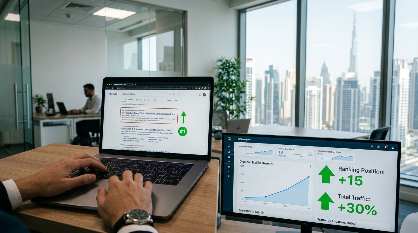 SEO analytics dashboard showing Google ranking improvement for a dental clinic in Dubai with organic traffic growth and keyword position tracking